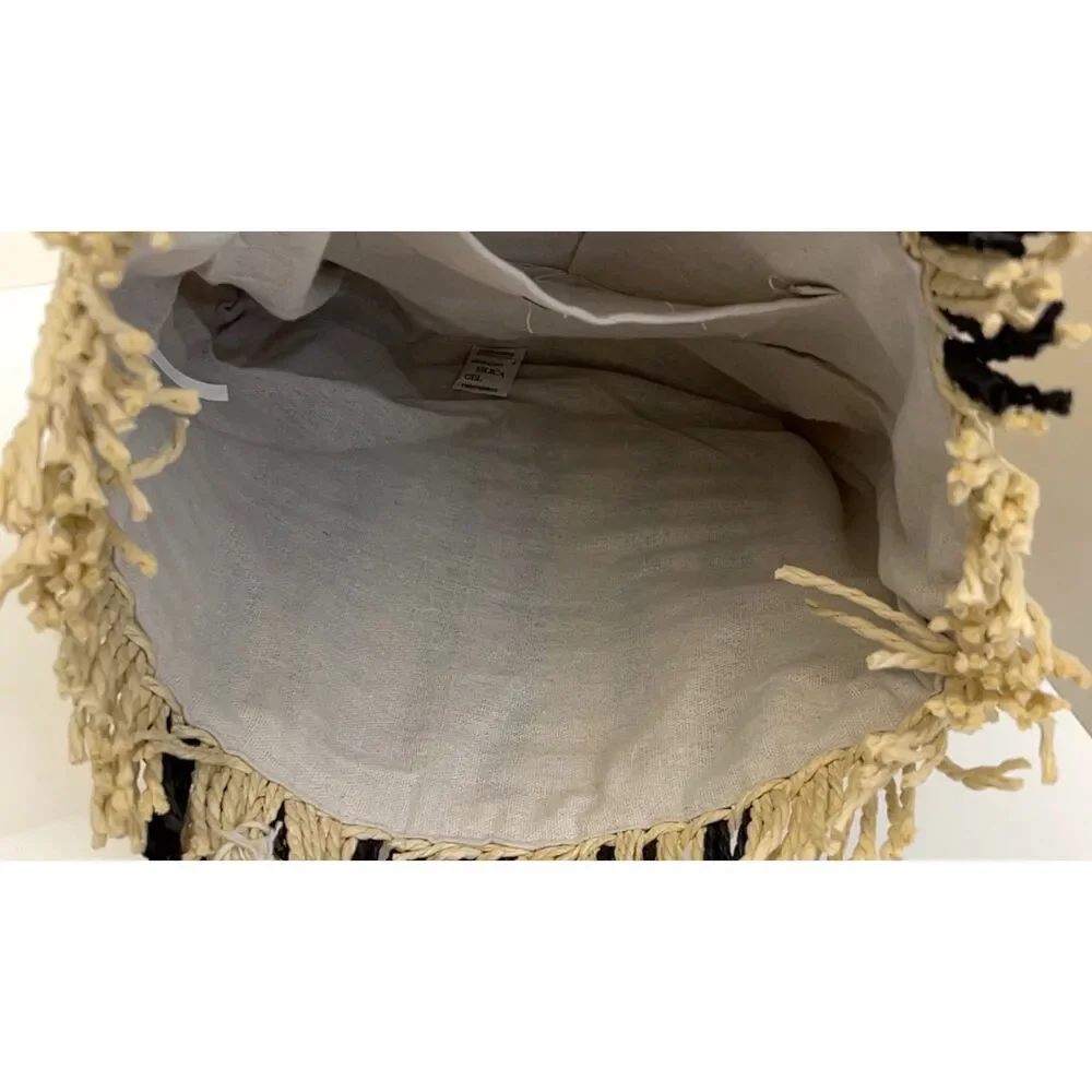 NWT Haute Hippie tan with black stripes raffia straw tote bag